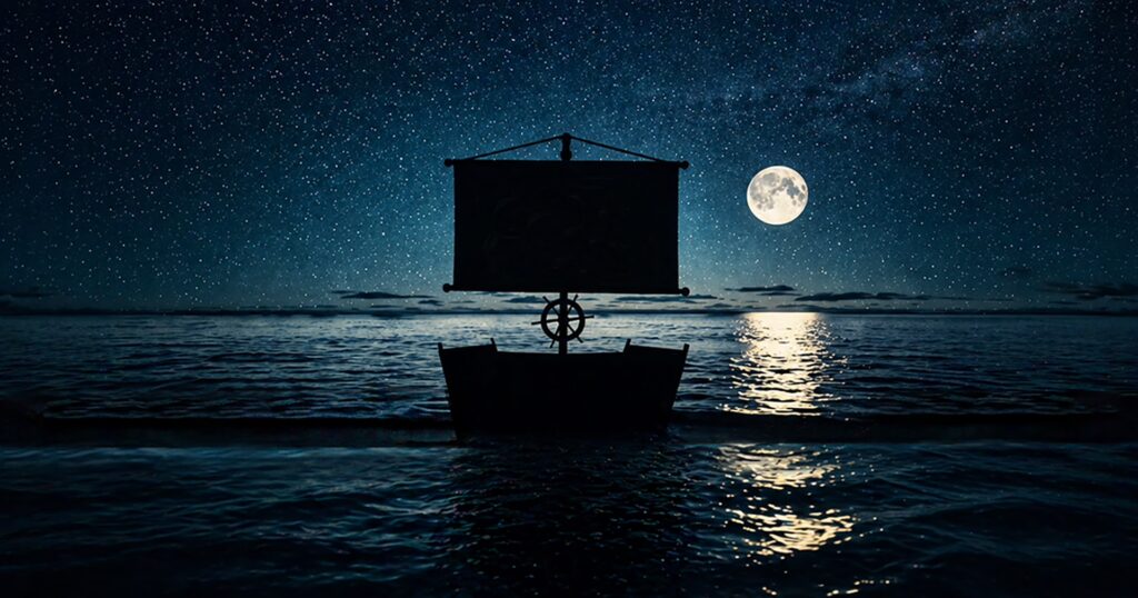 Scenografia teatrale con barca su mare notturno illuminato dalla luna