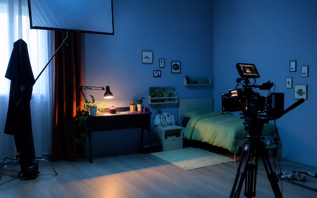 Set cinematografico con camera da presa, luci e scenografia per produzione video creativa